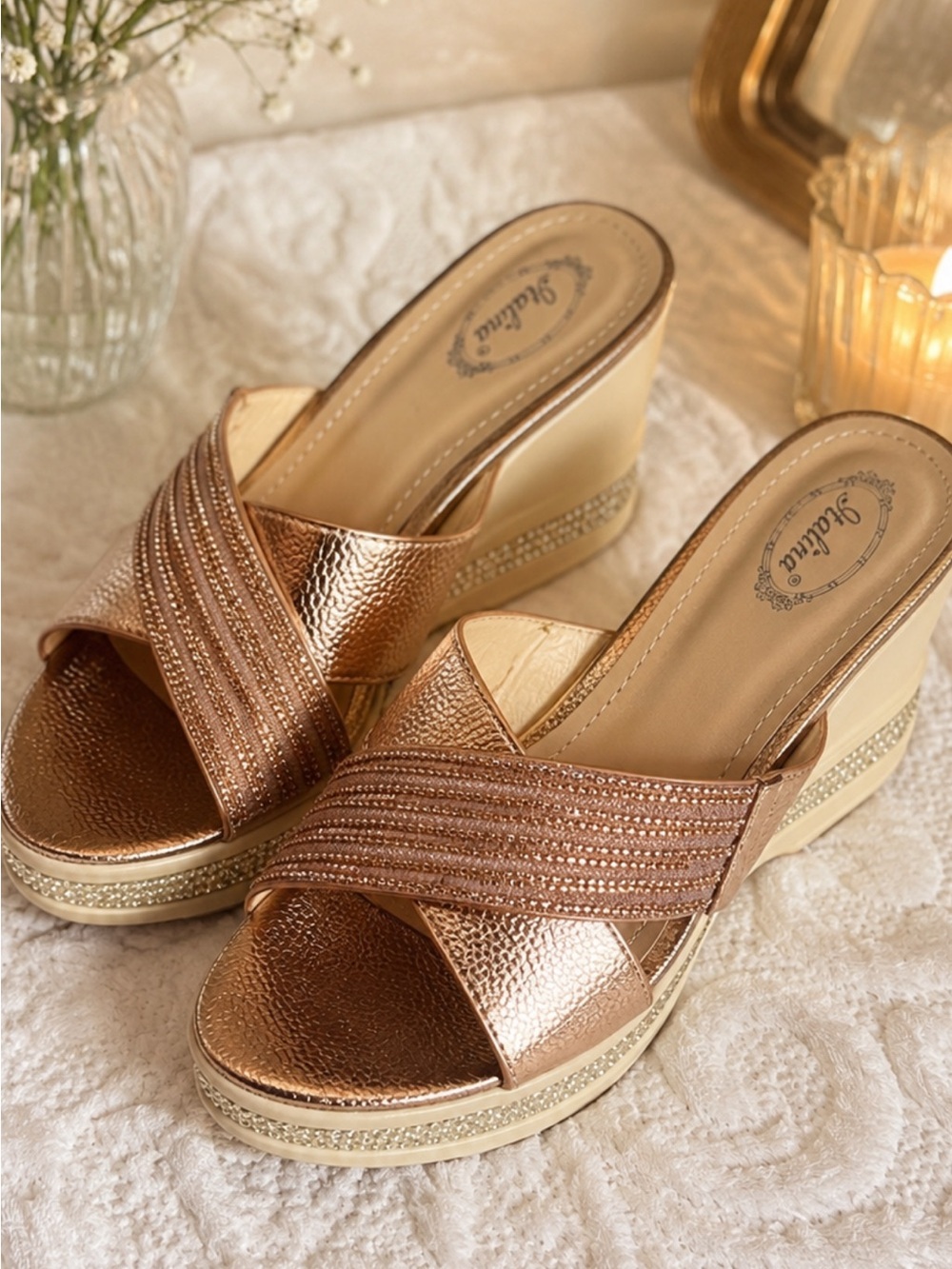 Italina Rose Gold Metallic Crisscross Slide Mules